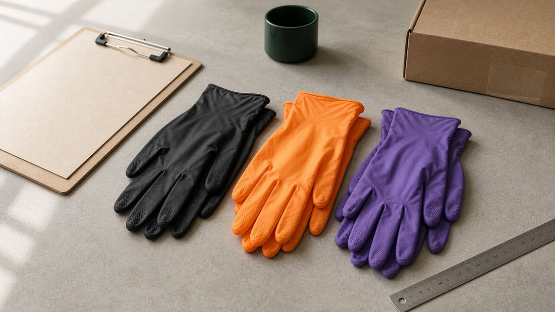Black, orange and purple nitrile gloves arranged for an OEM and branded product comparison