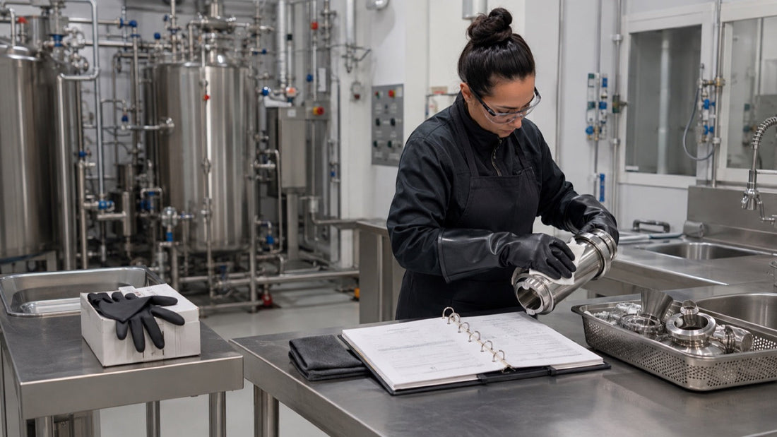 Technician cleaning stainless steel cannabis extraction equipment in a controlled processing room