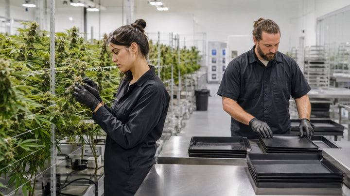 Cannabis cultivation and post-harvest work zones shown as a clean commercial workflow