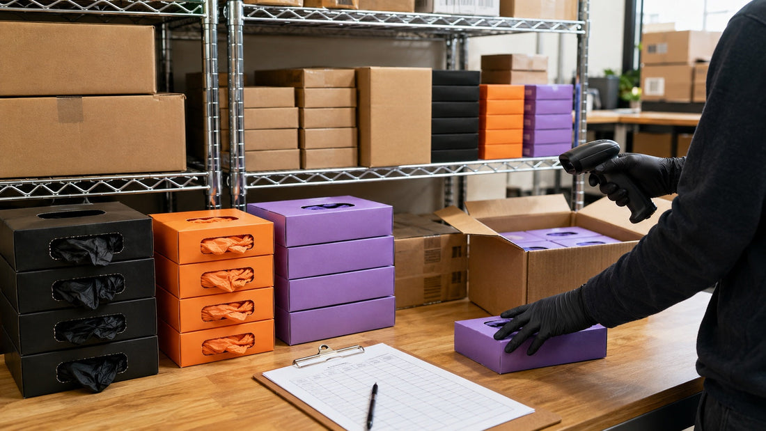 Unbranded black, orange and purple glove boxes organized for stockroom replenishment