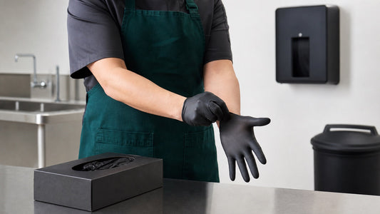 Worker putting on a fresh black nitrile glove at a clean commercial workstation