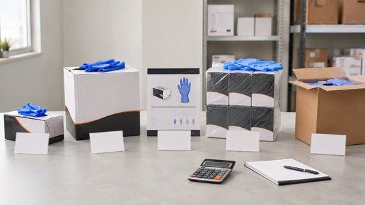 Unbranded retail, distributor, warehouse and marketplace glove packages compared on a purchasing desk