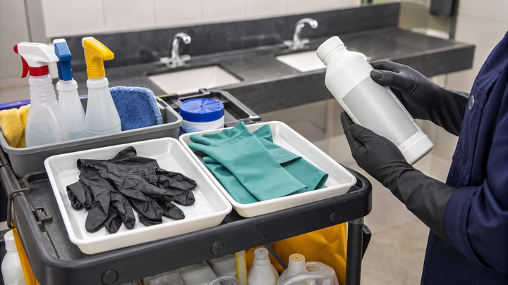 Disposable nitrile gloves compared with long-cuff reusable gloves on a janitorial cart