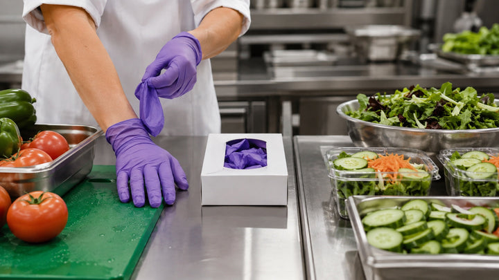 Food worker changing purple nitrile gloves between produce preparation stations