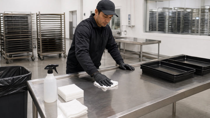 Food-service team using task-specific disposable gloves at a clean preparation line