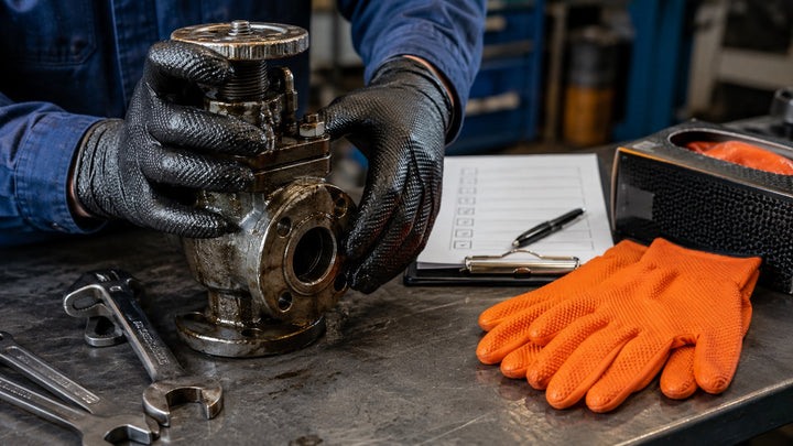 Industrial technician using black raised-texture nitrile gloves on an oily metal valve