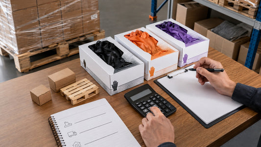 Procurement analyst calculating landed cost beside unbranded nitrile glove cases