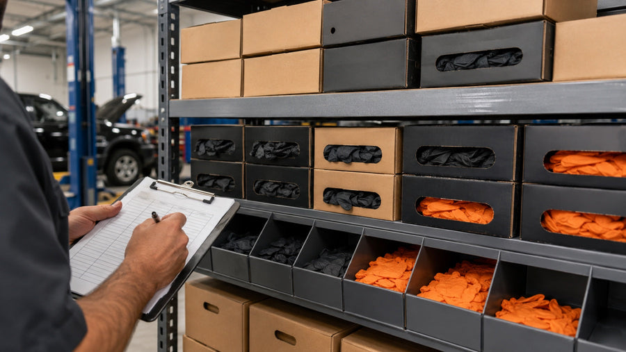 Repair shop buyer reviewing bulk disposable glove inventory and case planning