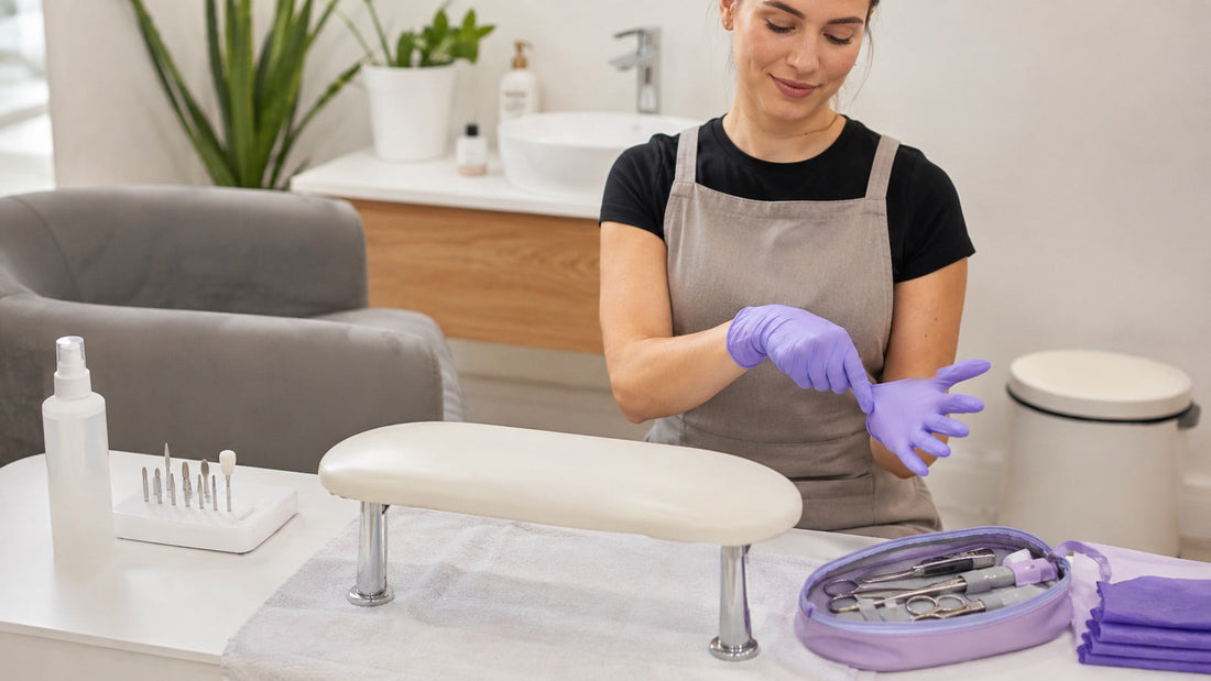 Nail technician changing to fresh purple nitrile gloves at a clean manicure station