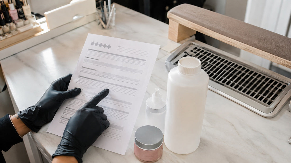 Nail technician reviewing safety data beside closed salon products and local exhaust ventilation