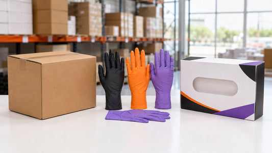 Plain OEM carton and retail-ready glove package compared with black, orange and purple nitrile samples