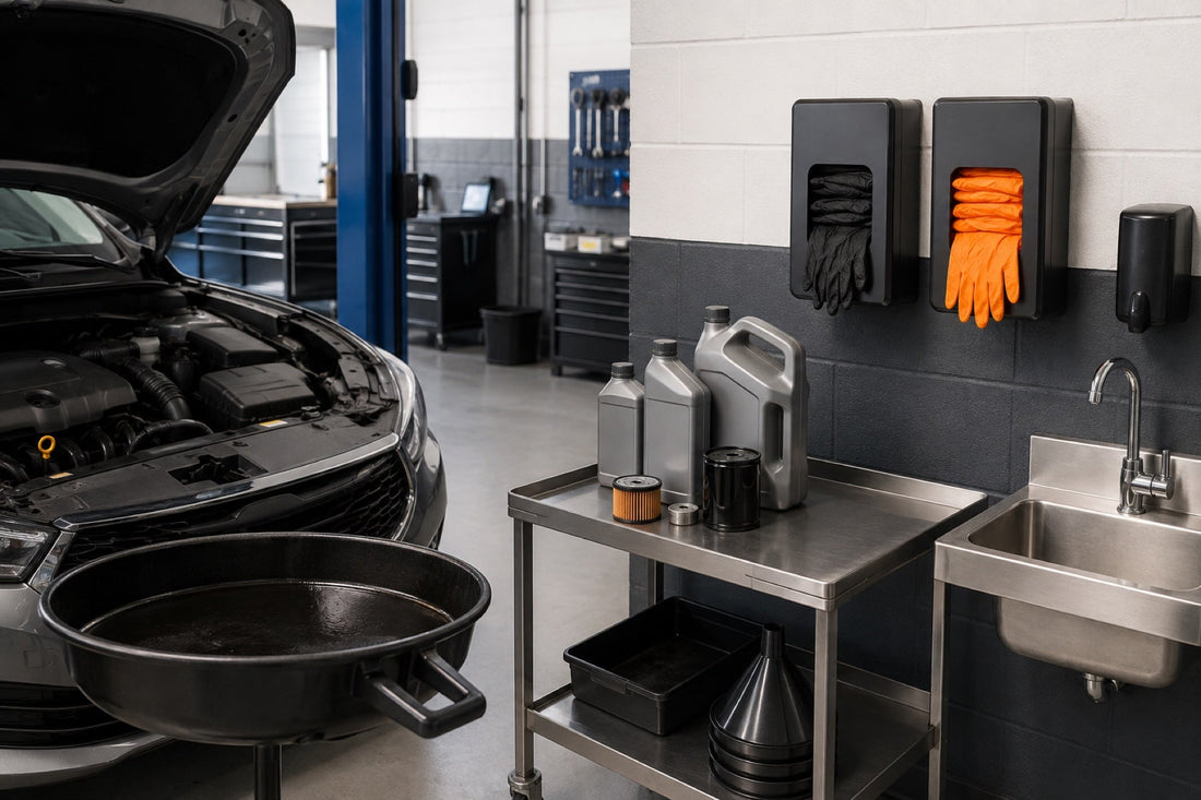 Professional oil-change bay with separate clean glove dispensers, service supplies and used-oil drain area