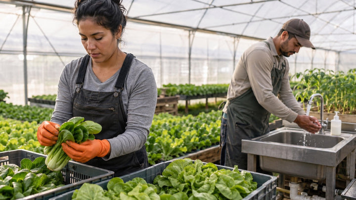 Organic greenhouse worker wearing disposable gloves while handling harvested produce