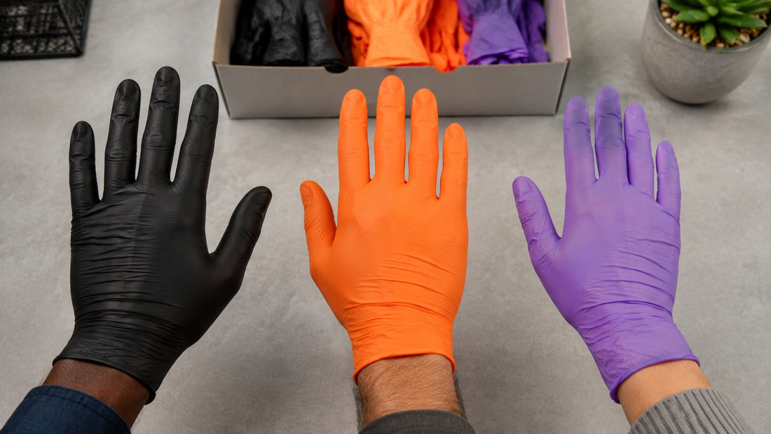 Black, orange and purple nitrile gloves shown on three hands for a workplace fit comparison
