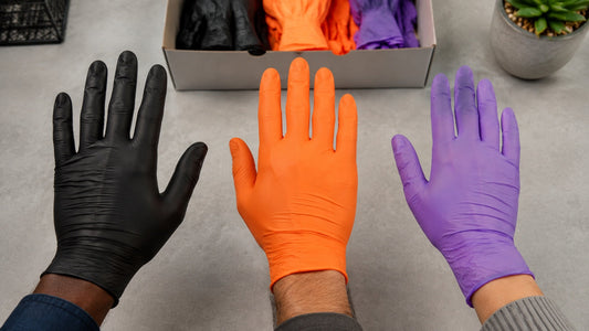 Black, orange and purple nitrile gloves shown on three hands for a workplace fit comparison