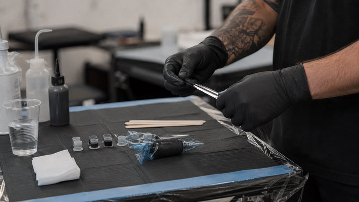 Tattoo artist wearing fitted black nitrile gloves while preparing a clean wrapped station