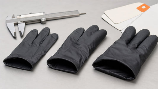 Three black nitrile glove samples arranged beside a closed caliper