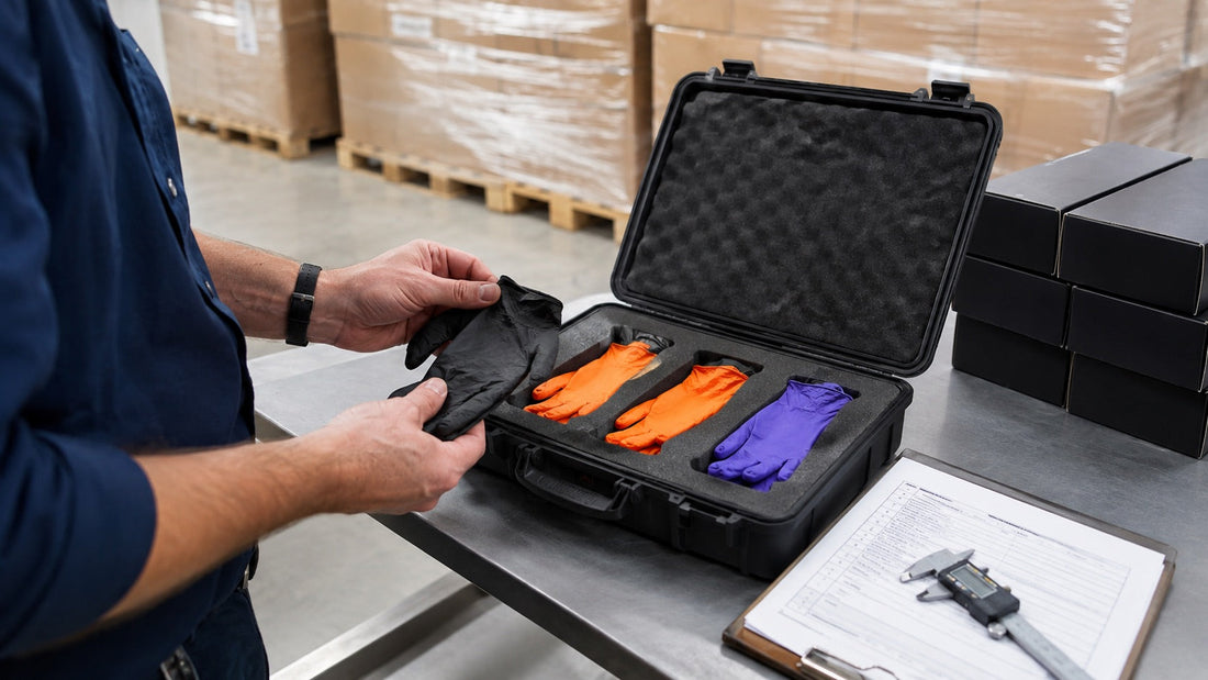 Wholesale buyer inspecting black, orange and purple nitrile glove samples at a warehouse review table