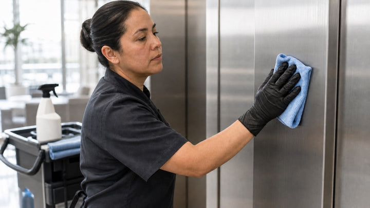 Commercial cleaning worker wearing disposable nitrile gloves while wiping a facility surface