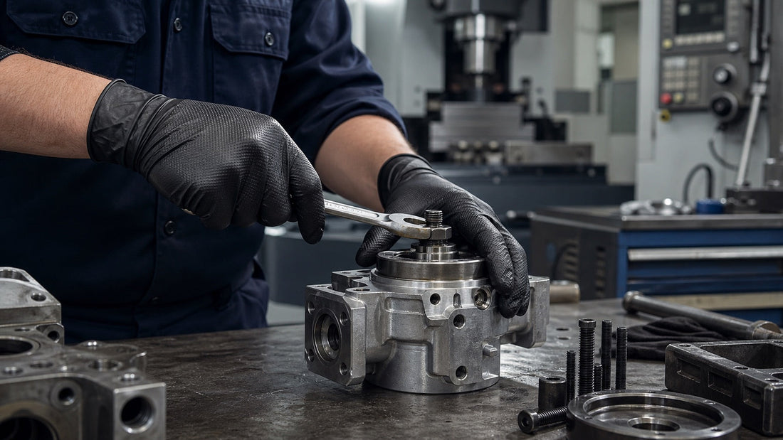 Industrial maintenance worker wearing disposable gloves during routine equipment inspection