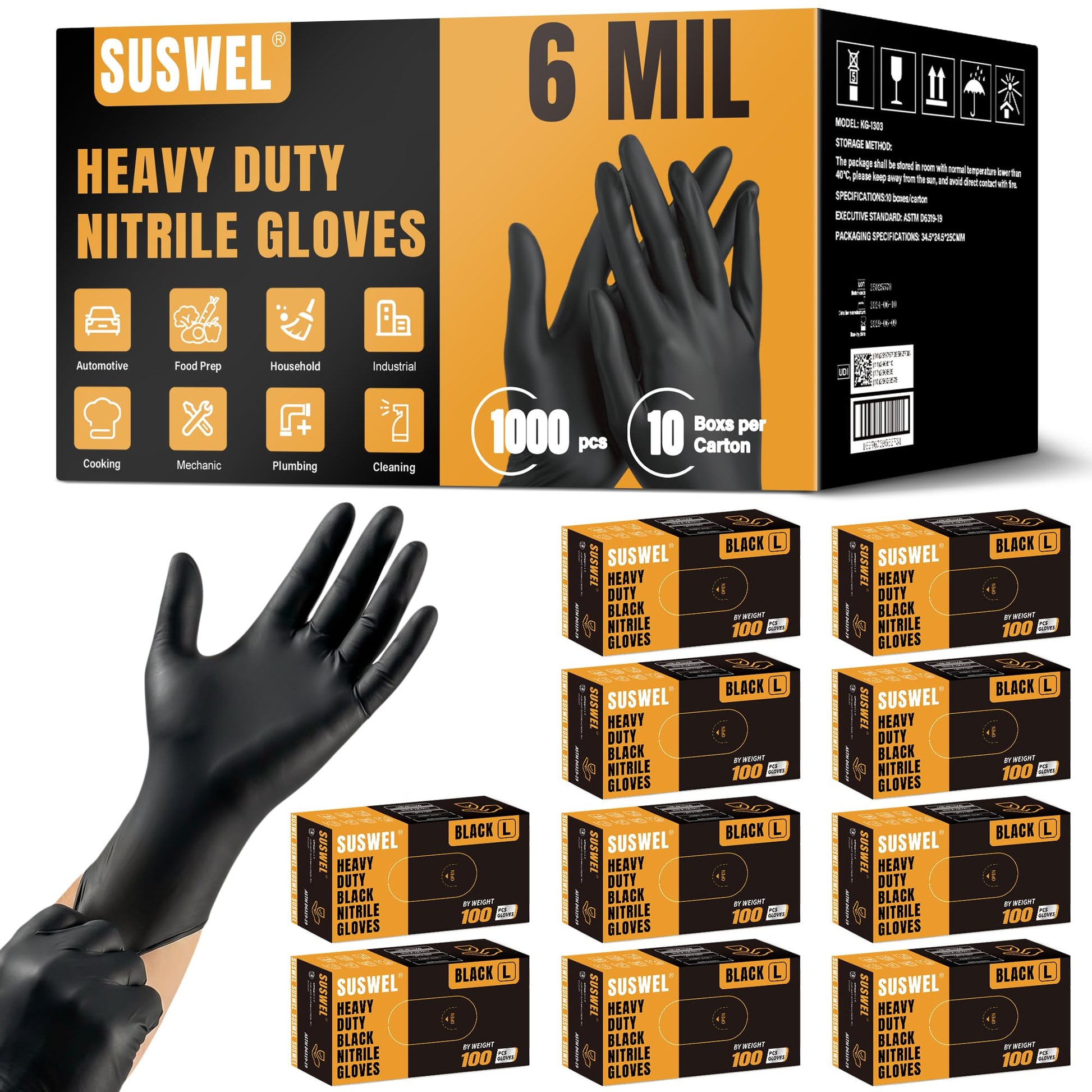 UYKKE SuSwel Series 6 Mil Black Nitrile Gloves — 100 / 1000 Count