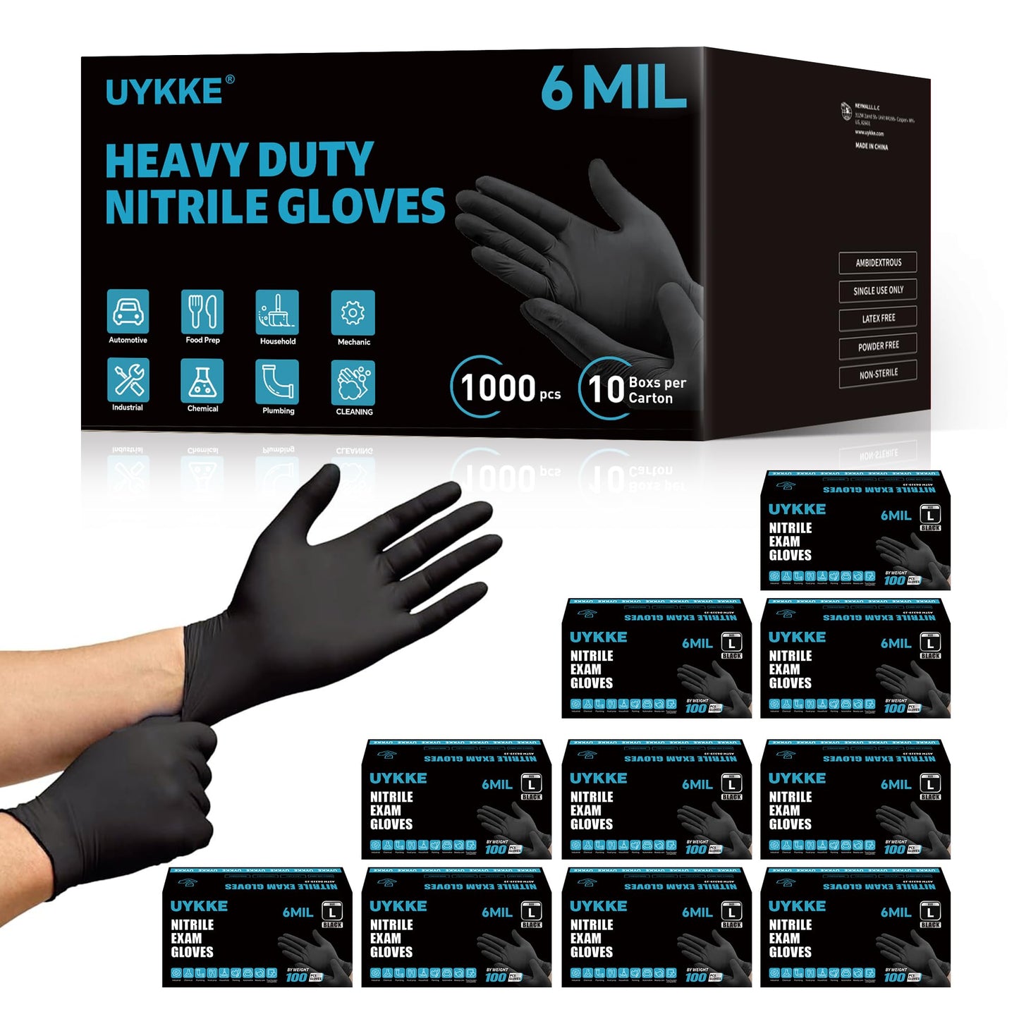 UYKKE 6 Mil Black Nitrile Gloves — 1000 Count