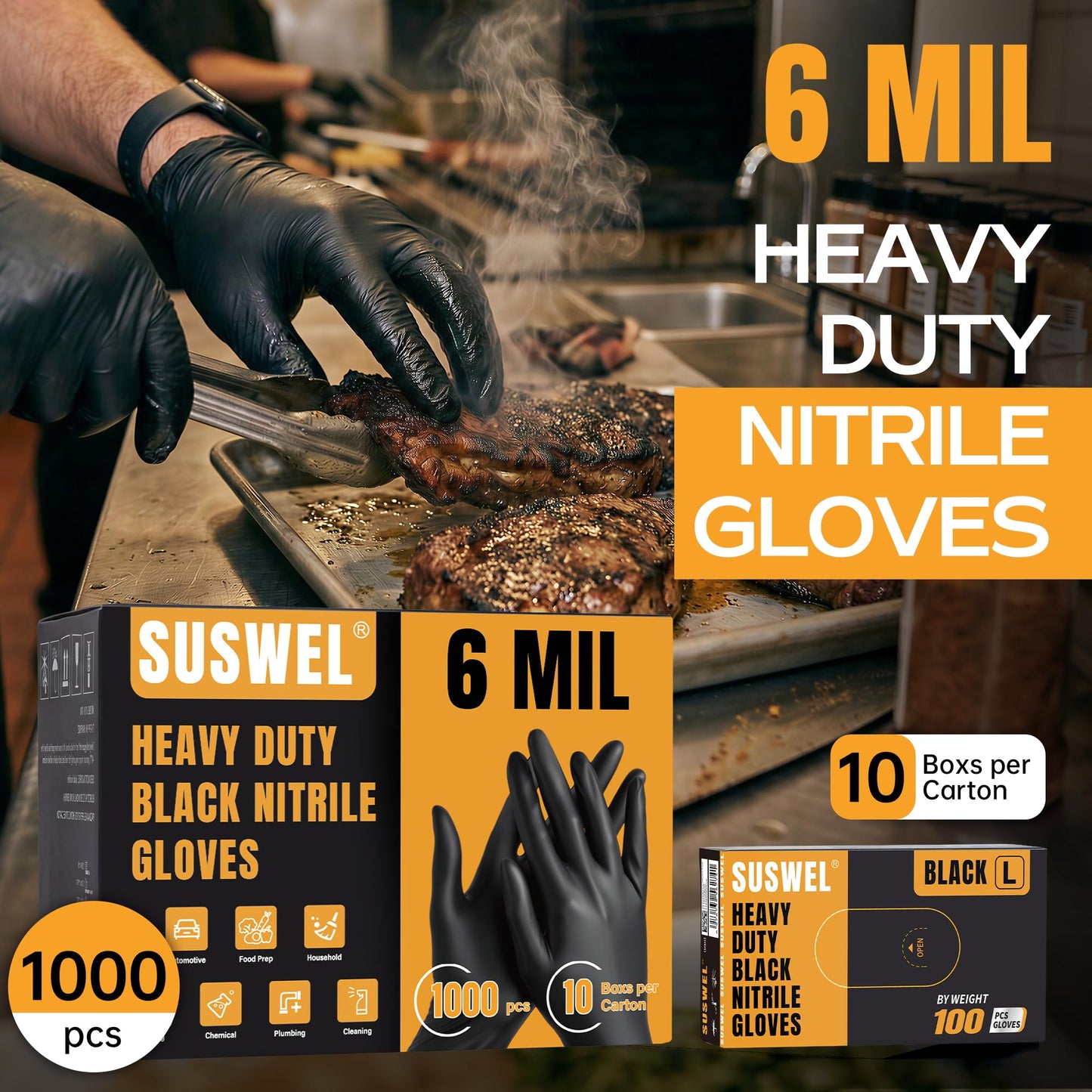 UYKKE SuSwel Series 6 Mil Black Nitrile Gloves — 100 / 1000 Count