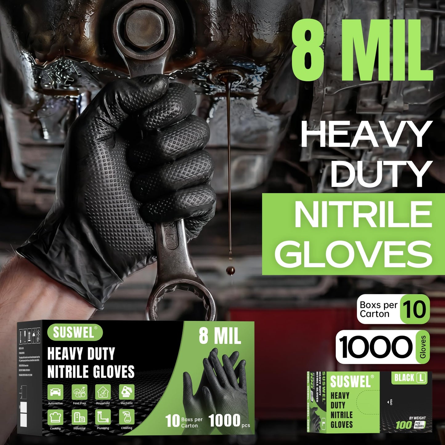 UYKKE SuSwel Series 8 Mil Black Nitrile Gloves — 1000 Count