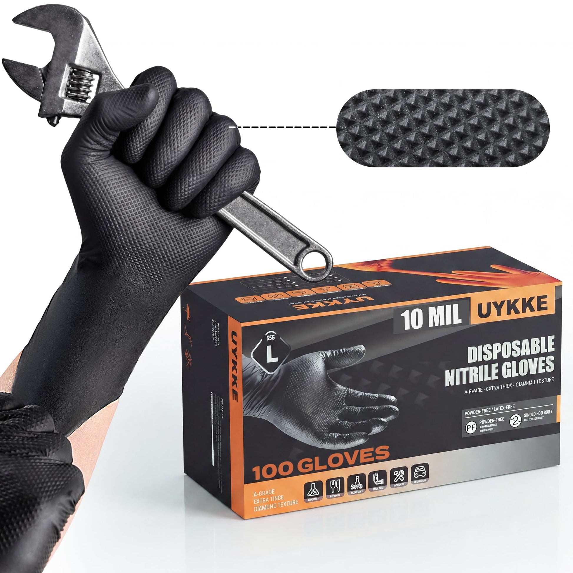UYKKE 10 Mil Black / Orange Nitrile Gloves — 100 / 1000 Count