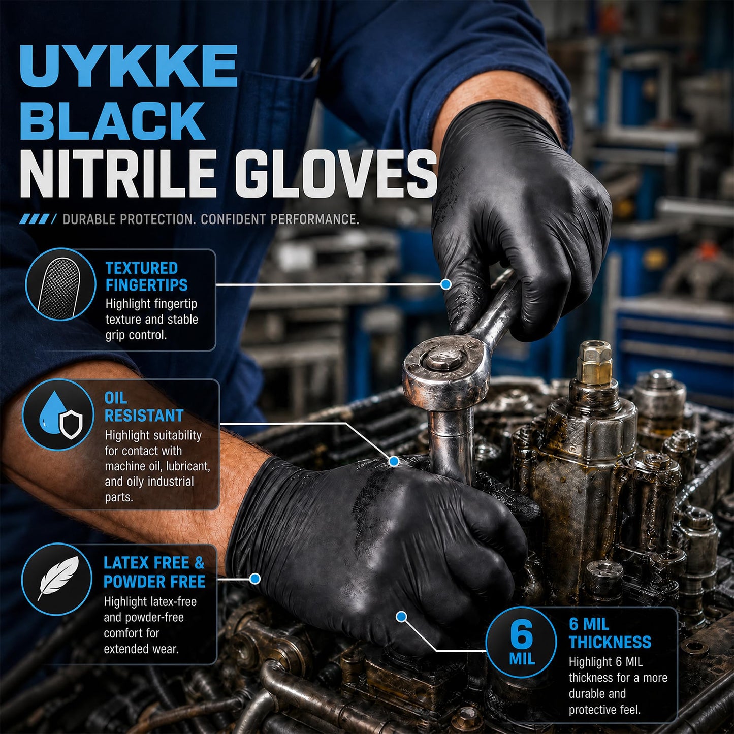 UYKKE 6 Mil Black Nitrile Gloves — 1000 Count