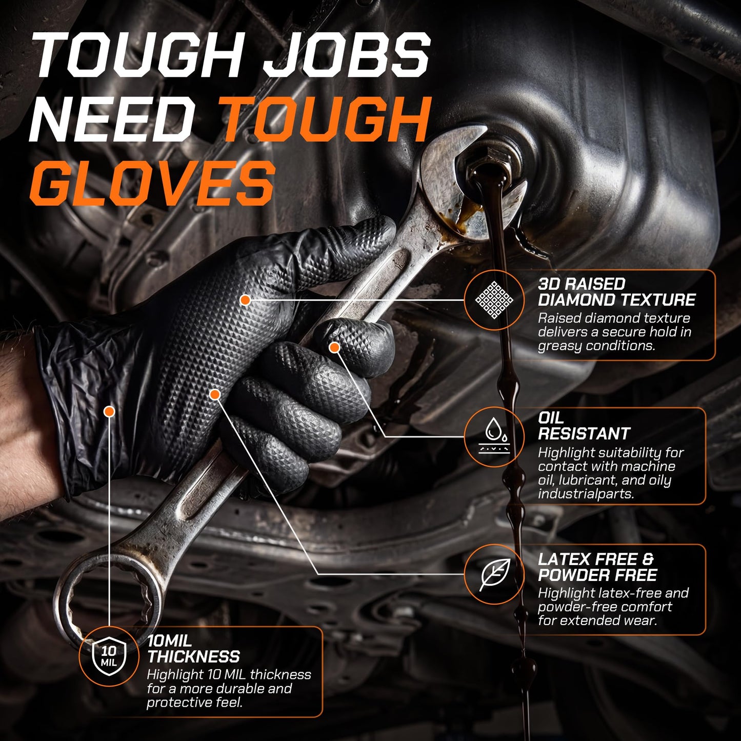 UYKKE 10 Mil Black / Orange Nitrile Gloves — 100 / 1000 Count