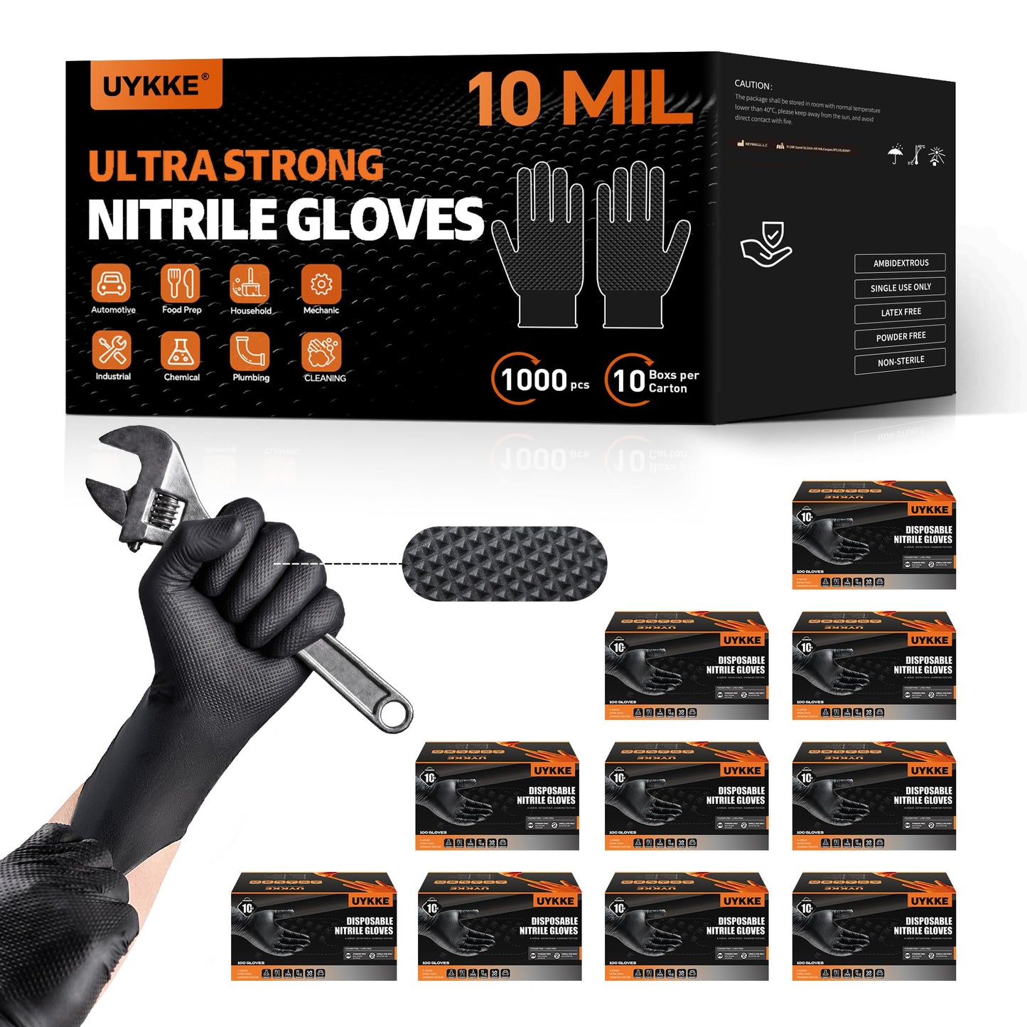 UYKKE 10 Mil Black Nitrile Gloves — 1000 Count