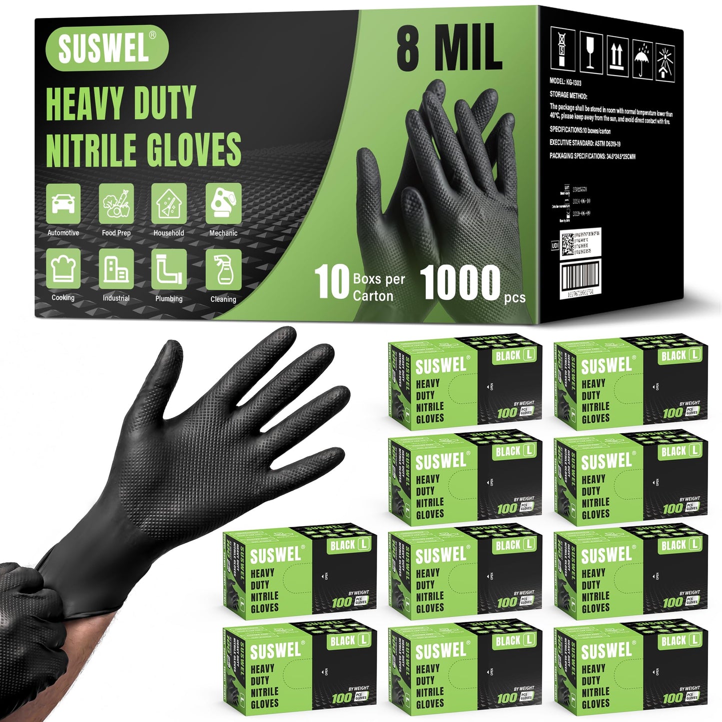 UYKKE SuSwel Series 8 Mil Black Nitrile Gloves — 1000 Count