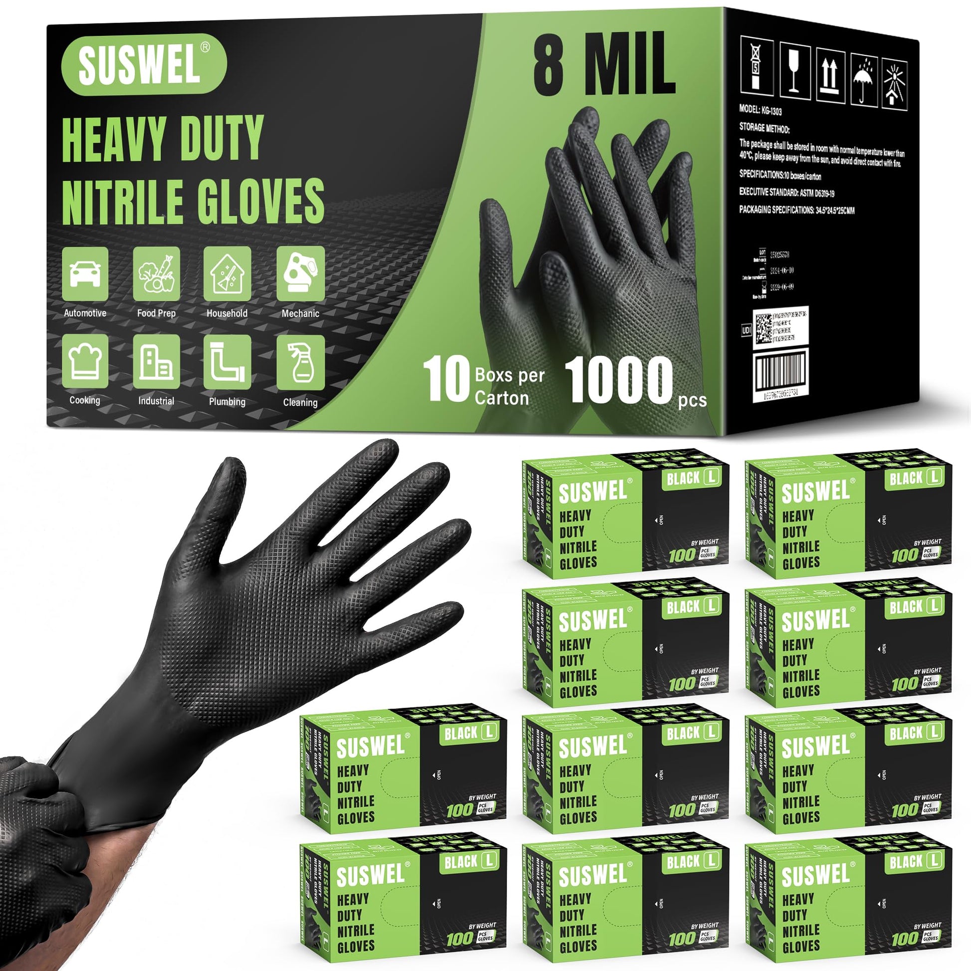 UYKKE SuSwel Series 8 Mil Black Nitrile Gloves — 1000 Count