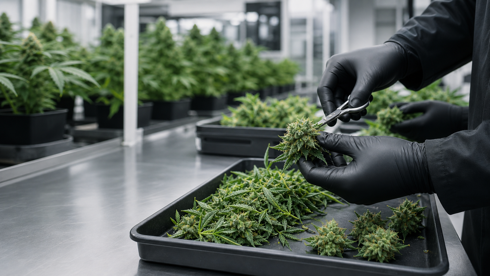 Black nitrile gloves used for commercial cannabis trimming and post-harvest processing