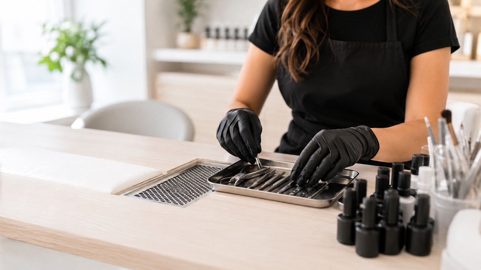 Nail technician wearing black nitrile gloves while organizing sanitized manicure tools at a ventilated salon station