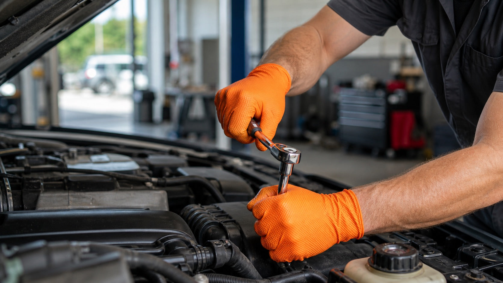 Orange textured nitrile gloves used during professional engine repair
