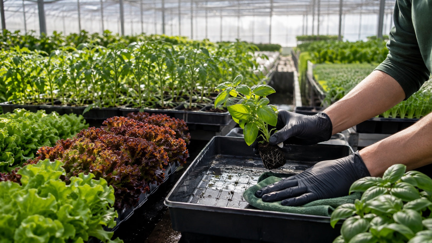 Grower wearing black nitrile gloves while handling vegetable seedlings in a commercial organic greenhouse