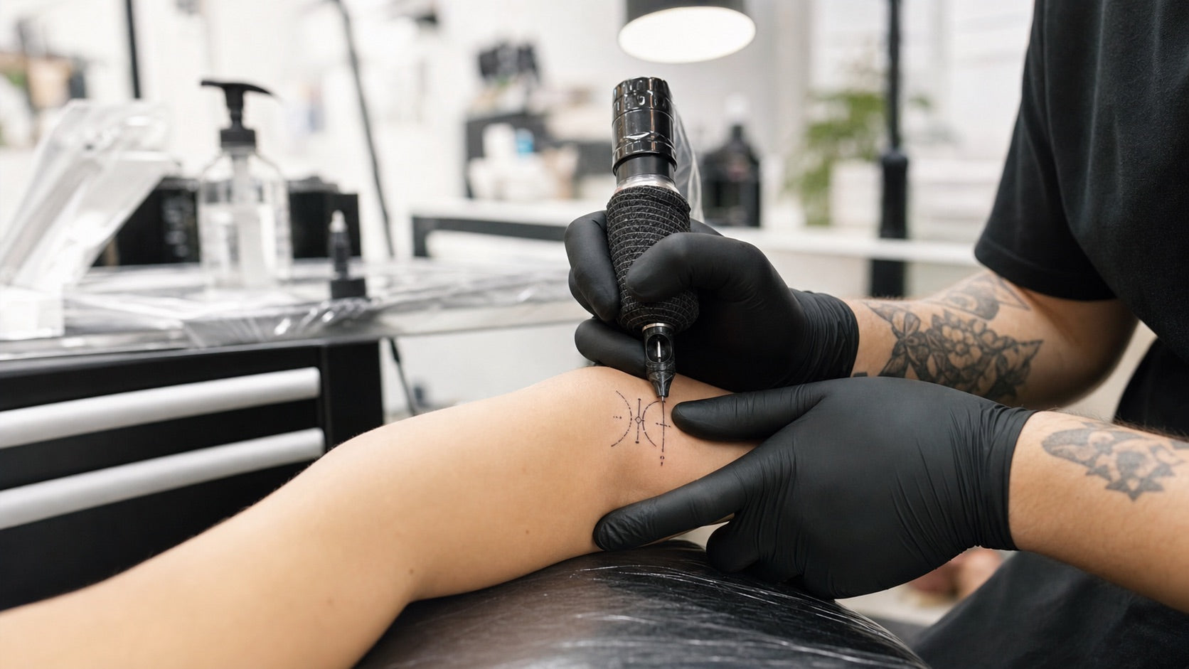 Black nitrile gloves used for precise work in a professional tattoo studio