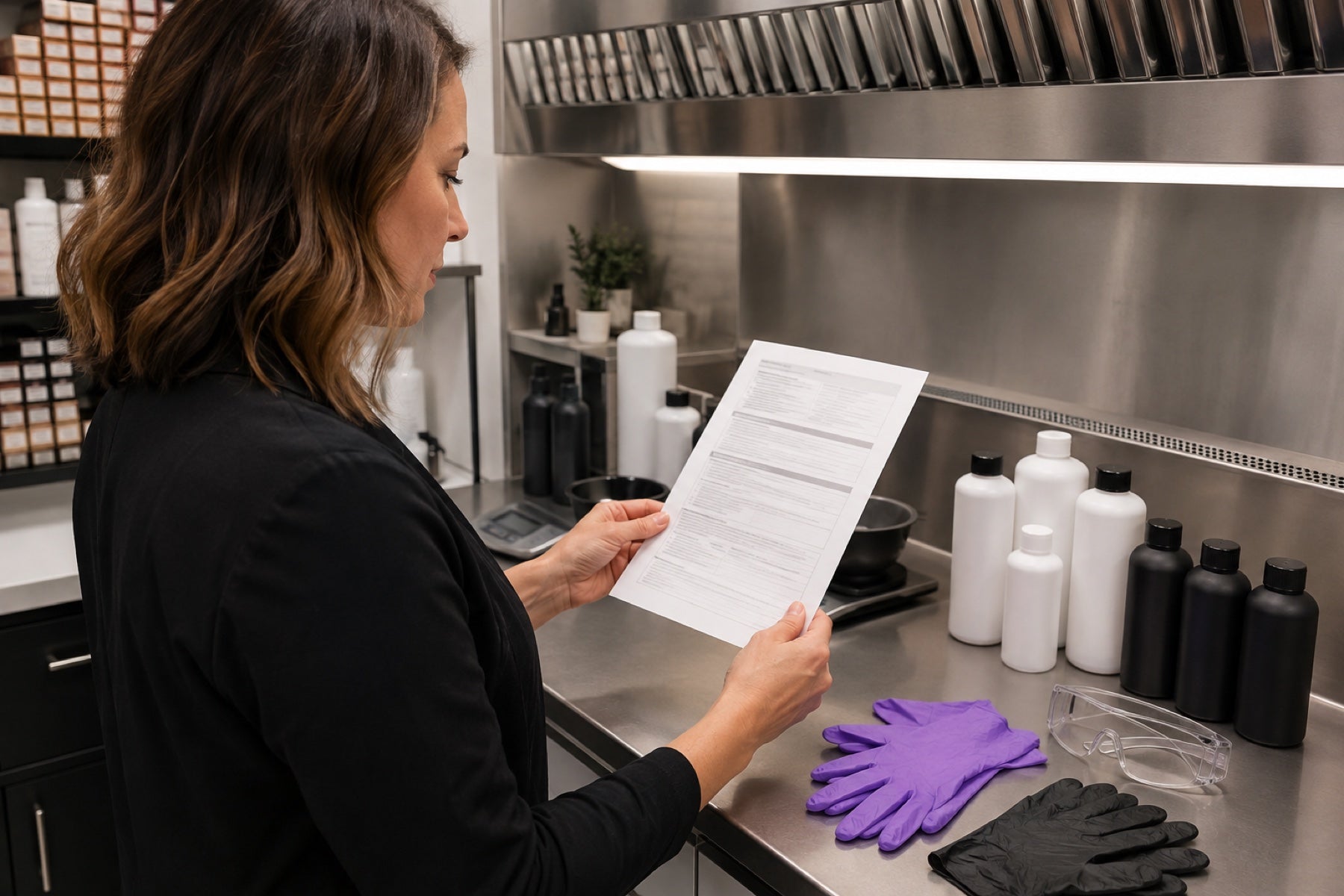 Beauty salon professional reviewing a safety data sheet beside closed products and glove samples