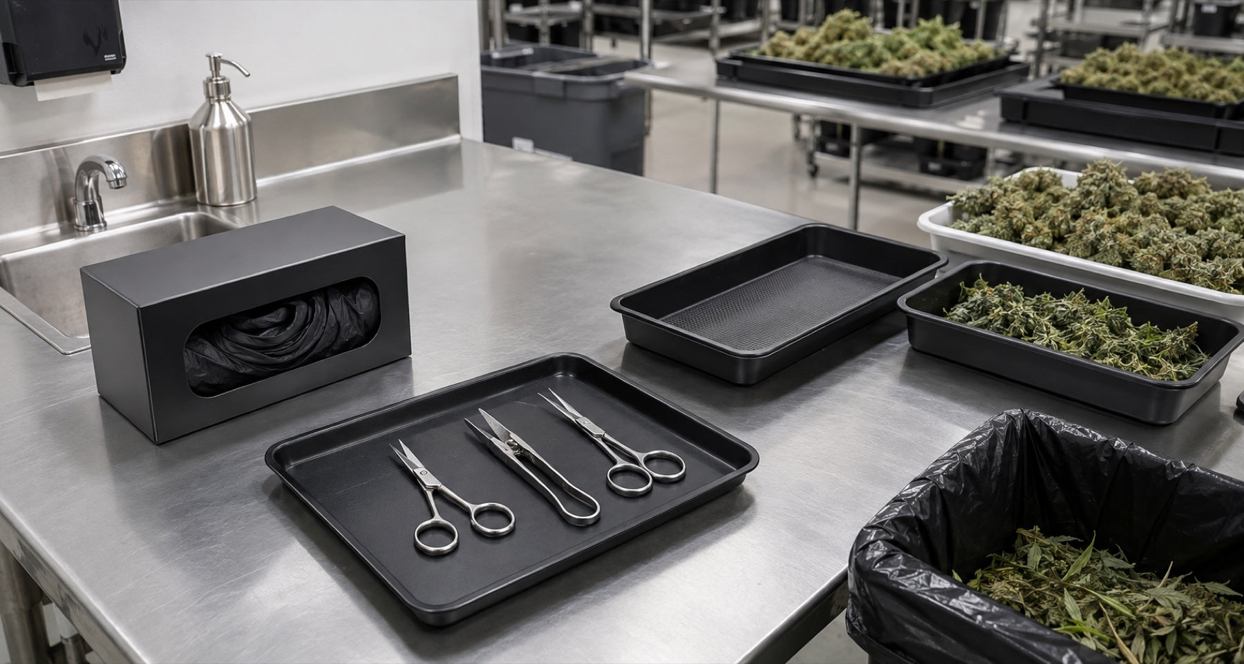 Organized cannabis trimming station with clean tools, gloves, product tray and separate waste container