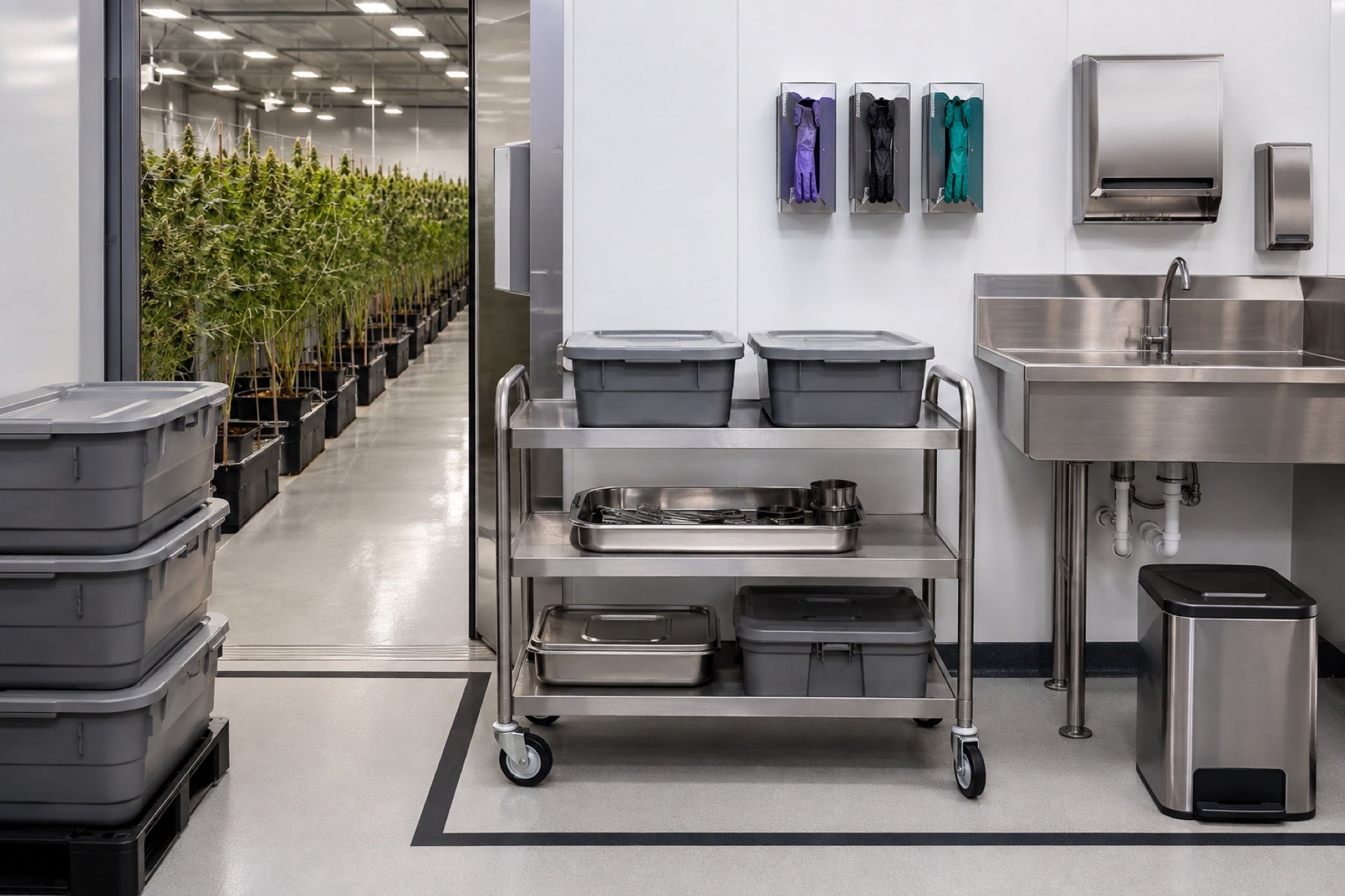 Controlled transition area between cannabis cultivation and post-harvest processing rooms