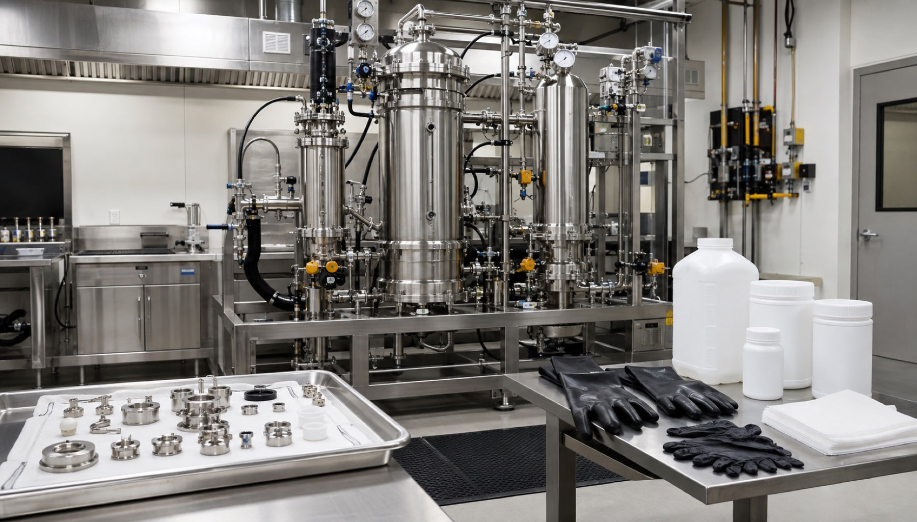 Cannabis extraction equipment staged for controlled cleaning with separated tools and gloves