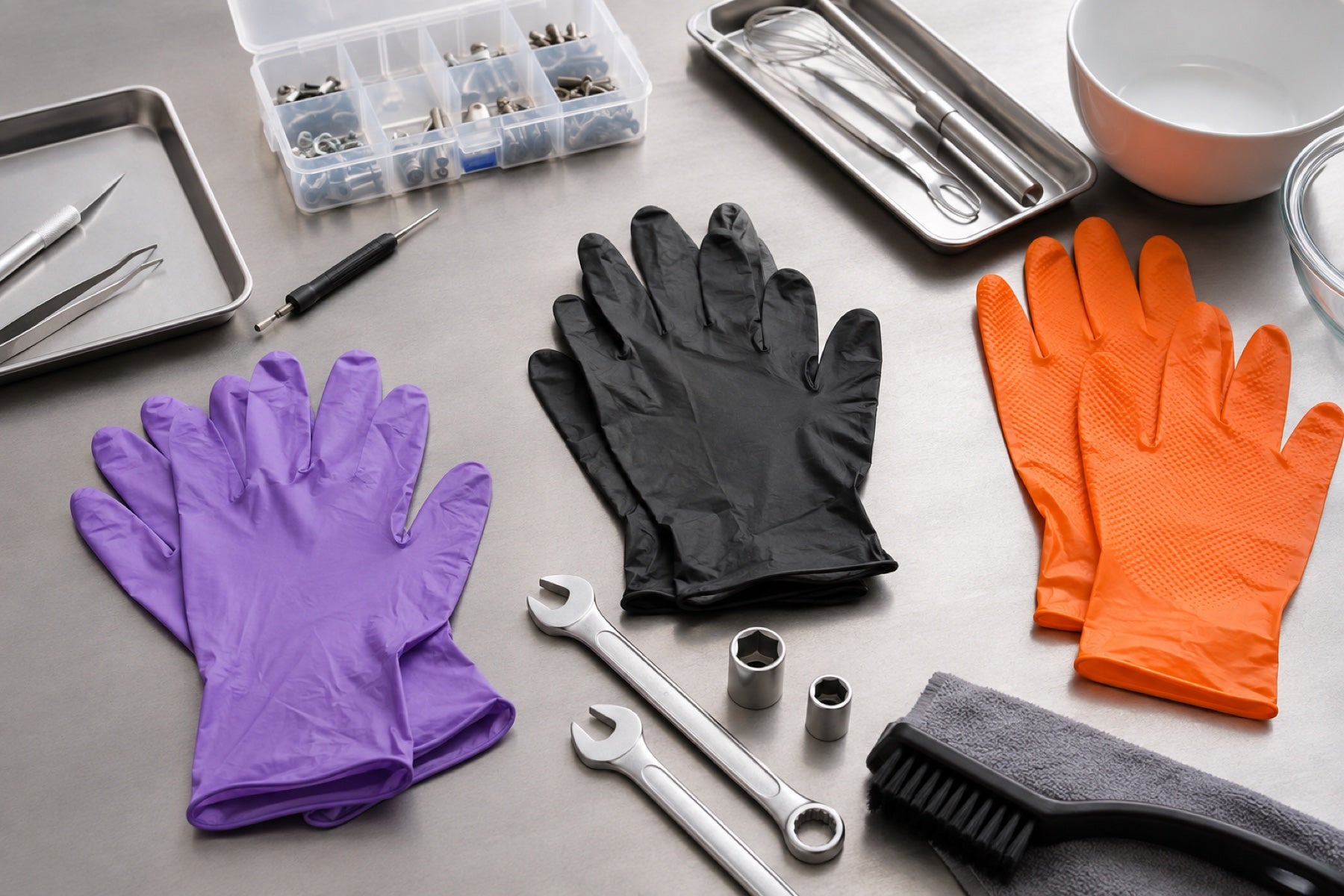 Disposable nitrile glove samples arranged with tools from several professional work environments