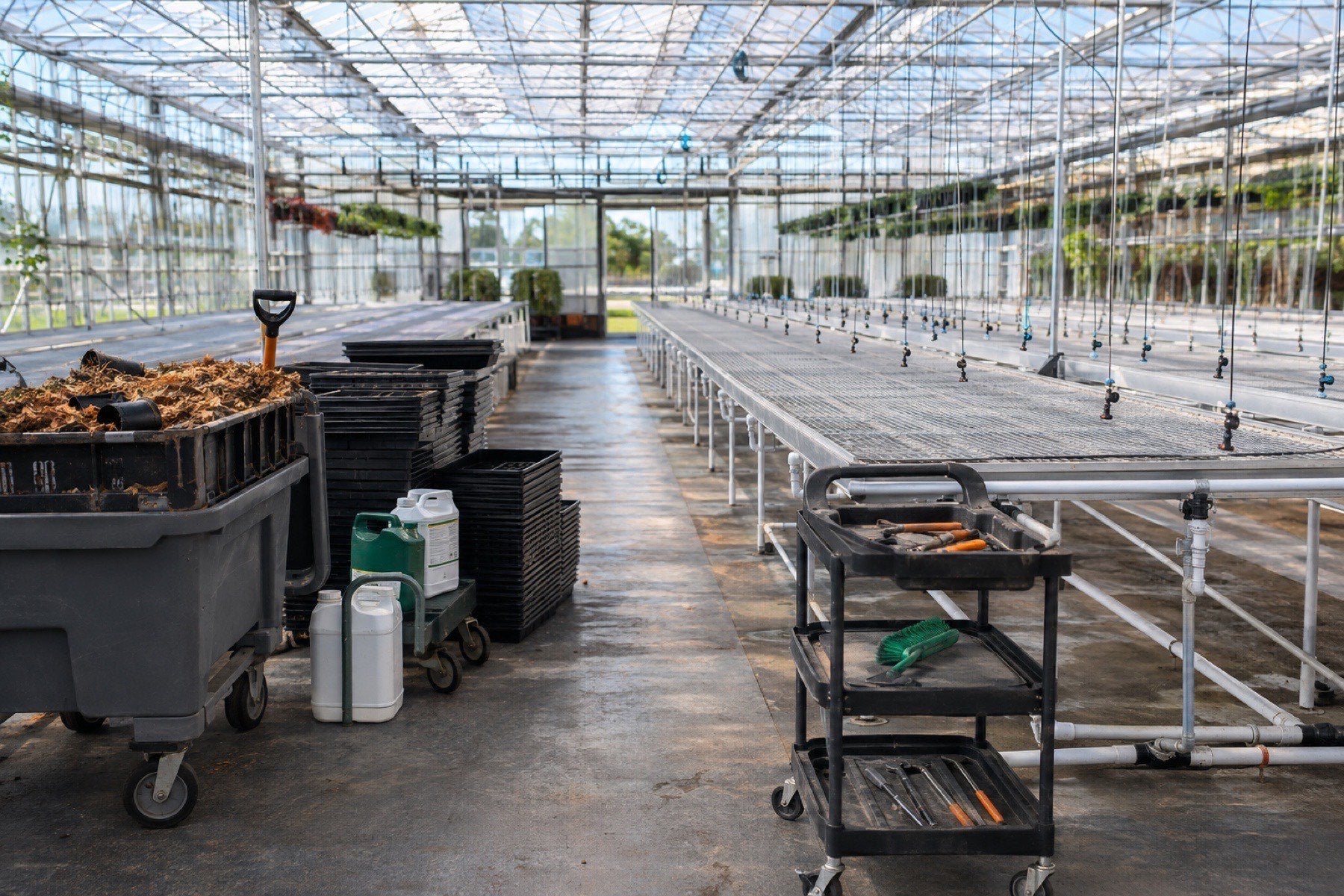 Post-harvest greenhouse staged for debris removal and sanitation before the next crop