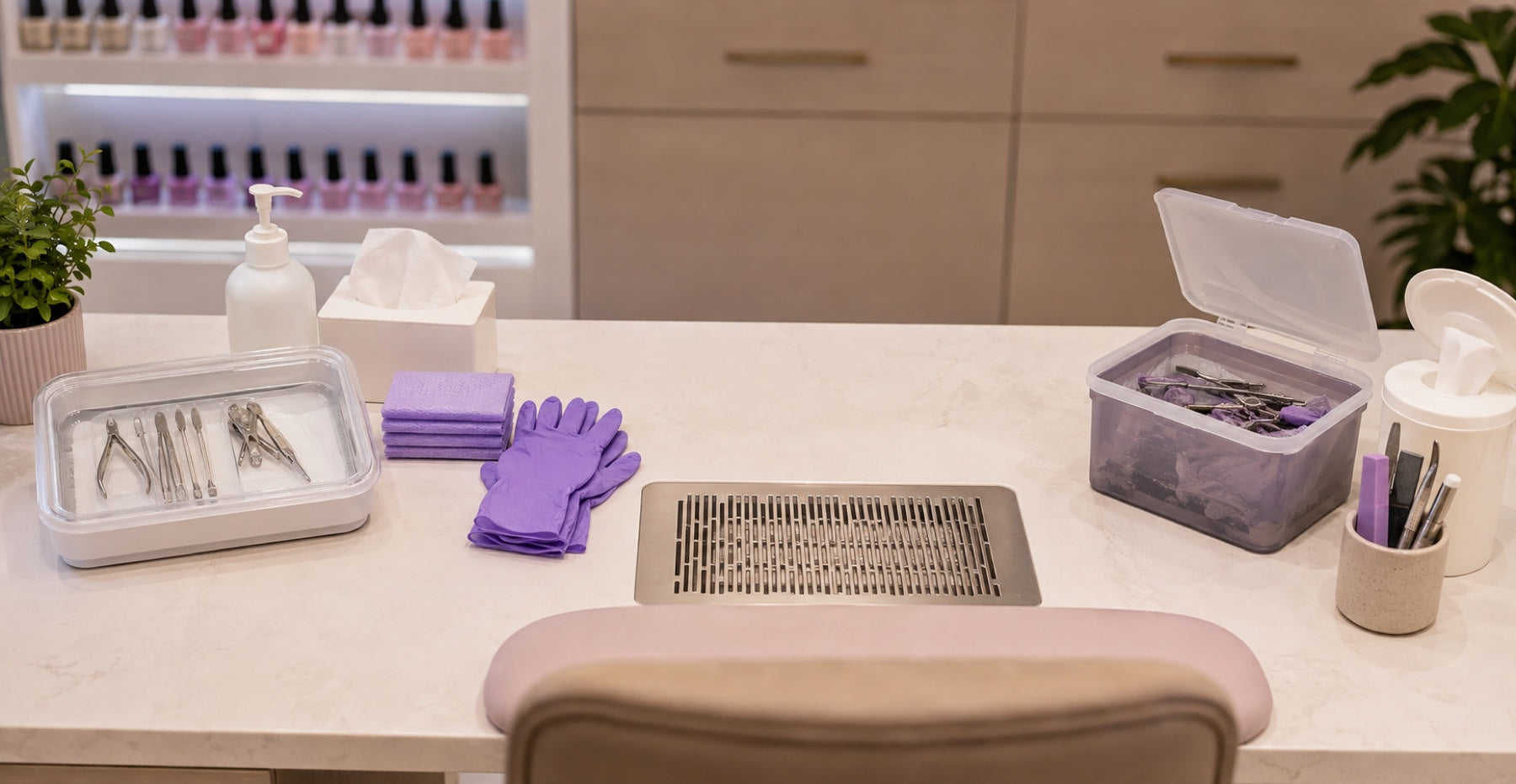 Nail salon workstation with clearly separated clean and used tool areas and disposable gloves