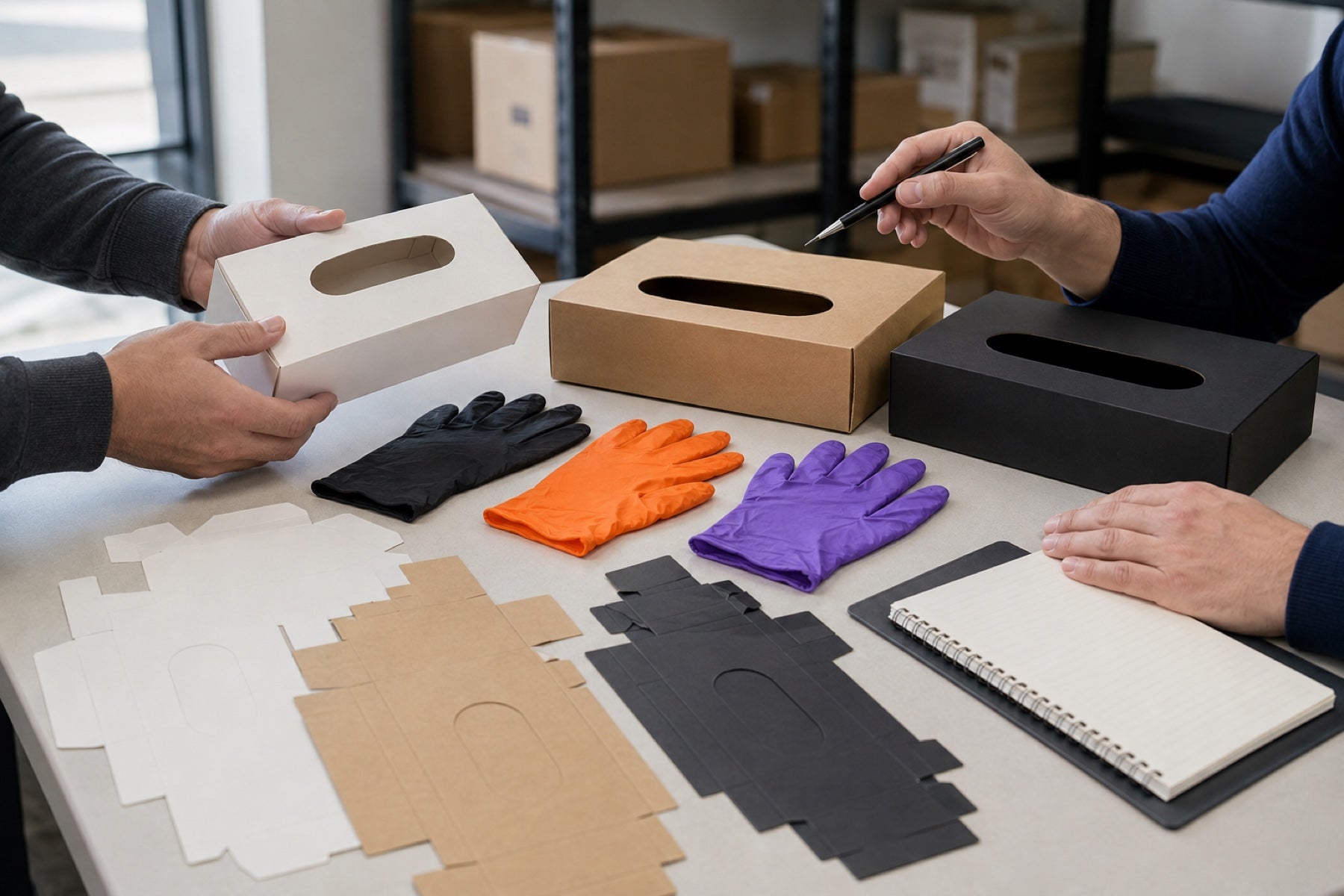 Buyers comparing unbranded glove packaging prototypes and disposable nitrile samples