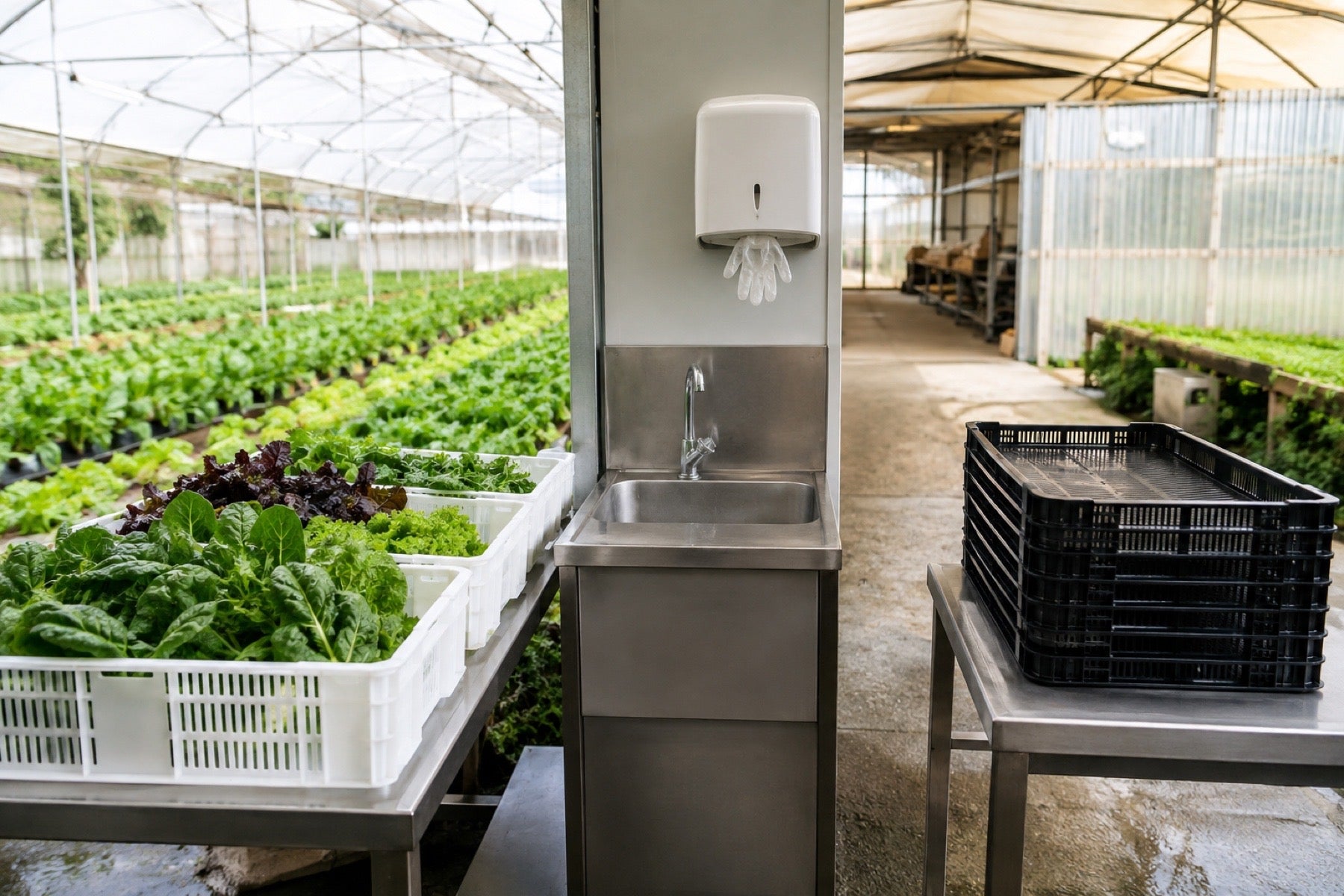 Organic greenhouse hygiene flow with harvest area, handwashing station and clean produce trays