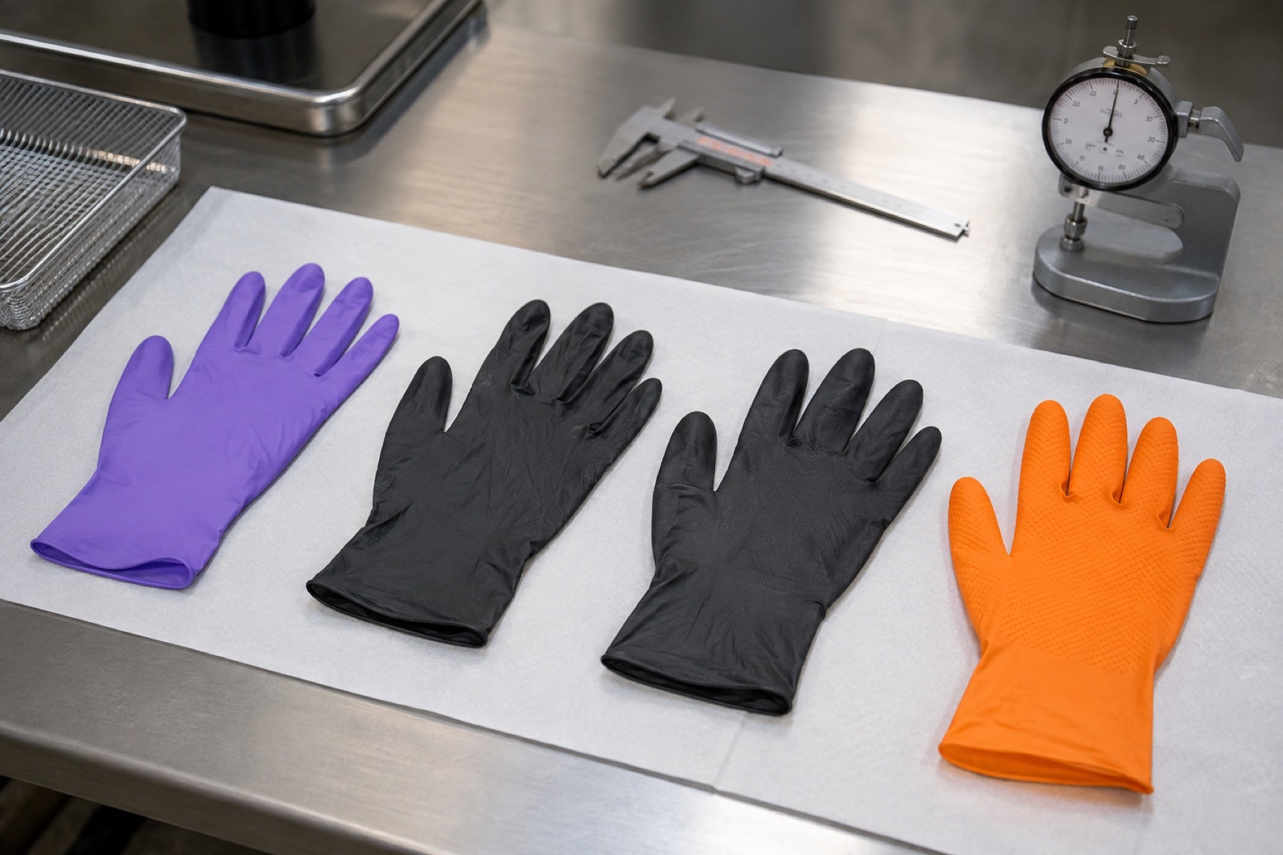 Four disposable nitrile glove samples arranged for a thickness and texture comparison