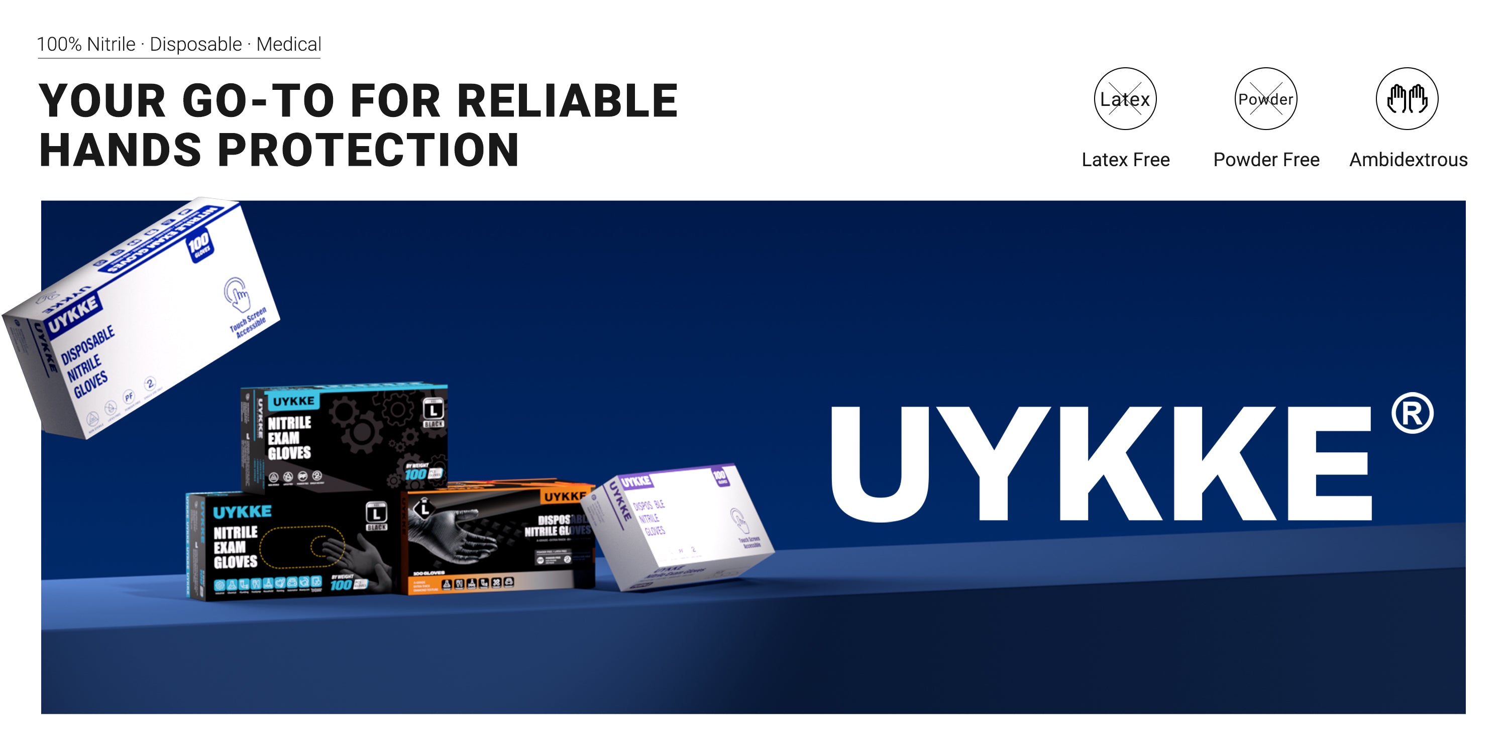 UYKKE disposable nitrile glove range in multiple colors and packaging formats